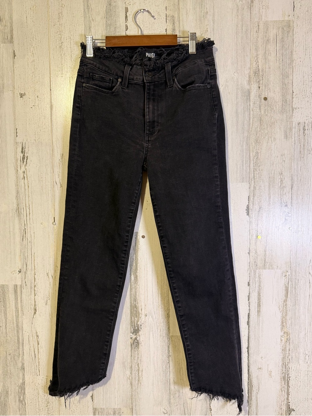 PAIGE Julia High Rise Straight Leg Jeans Black Raw Hem Size 27